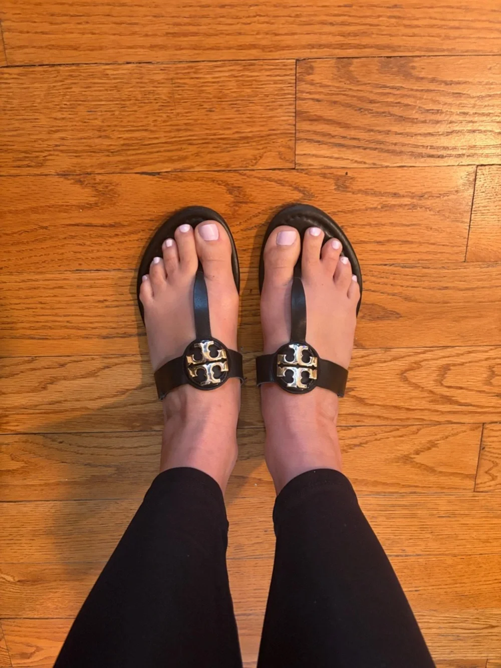Tory Burch Black Leather Logo Thong Sandals with Gold Medallions - Picture 4 of 5